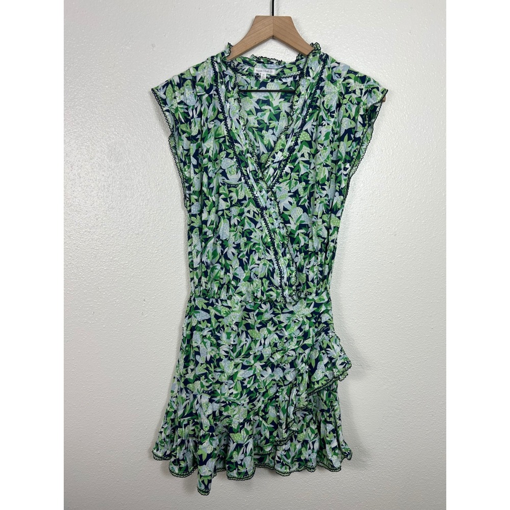 Poupette St. Barth Estelle Mini Ruffle Dress Green Blue XS Coastal Resort